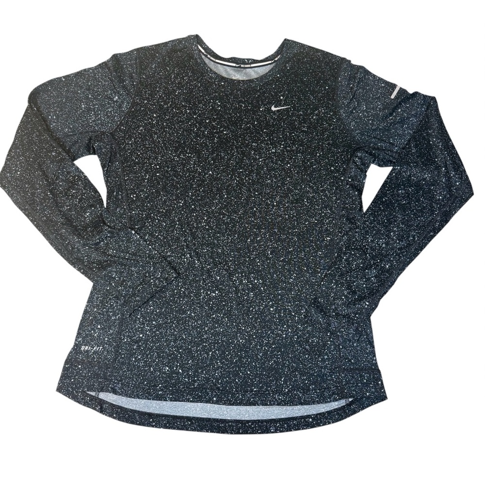 Nike Dri Fit Miler Shirt Medium Womans Running Long Sleeve Black Galaxy Speckled